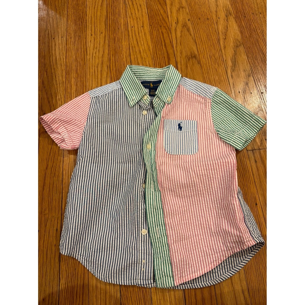 Ralph Lauren Boys 2T Colorblock Striped Seersucker Button Down Shirt Multicolor